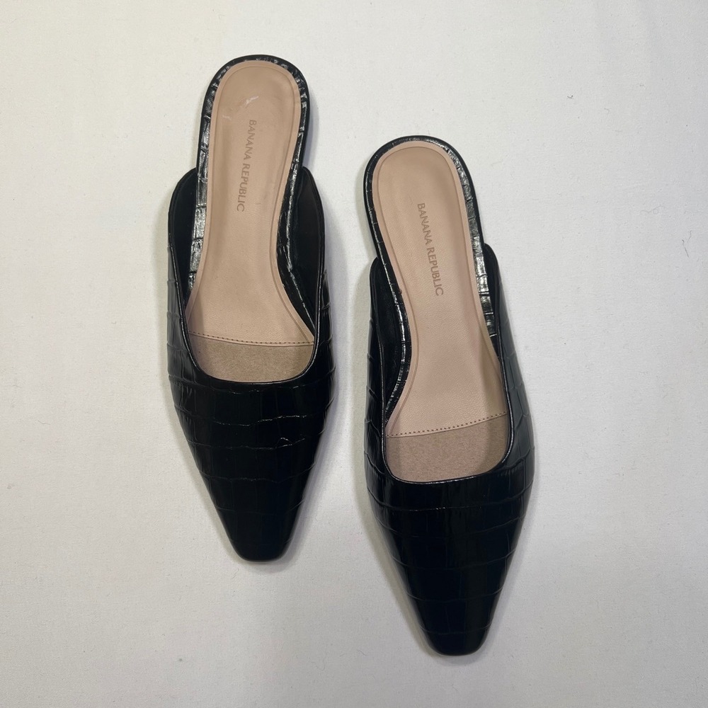 Banana Republic Black Croc Embossed Leather Pointed Toe Mules Flats Womens 7M